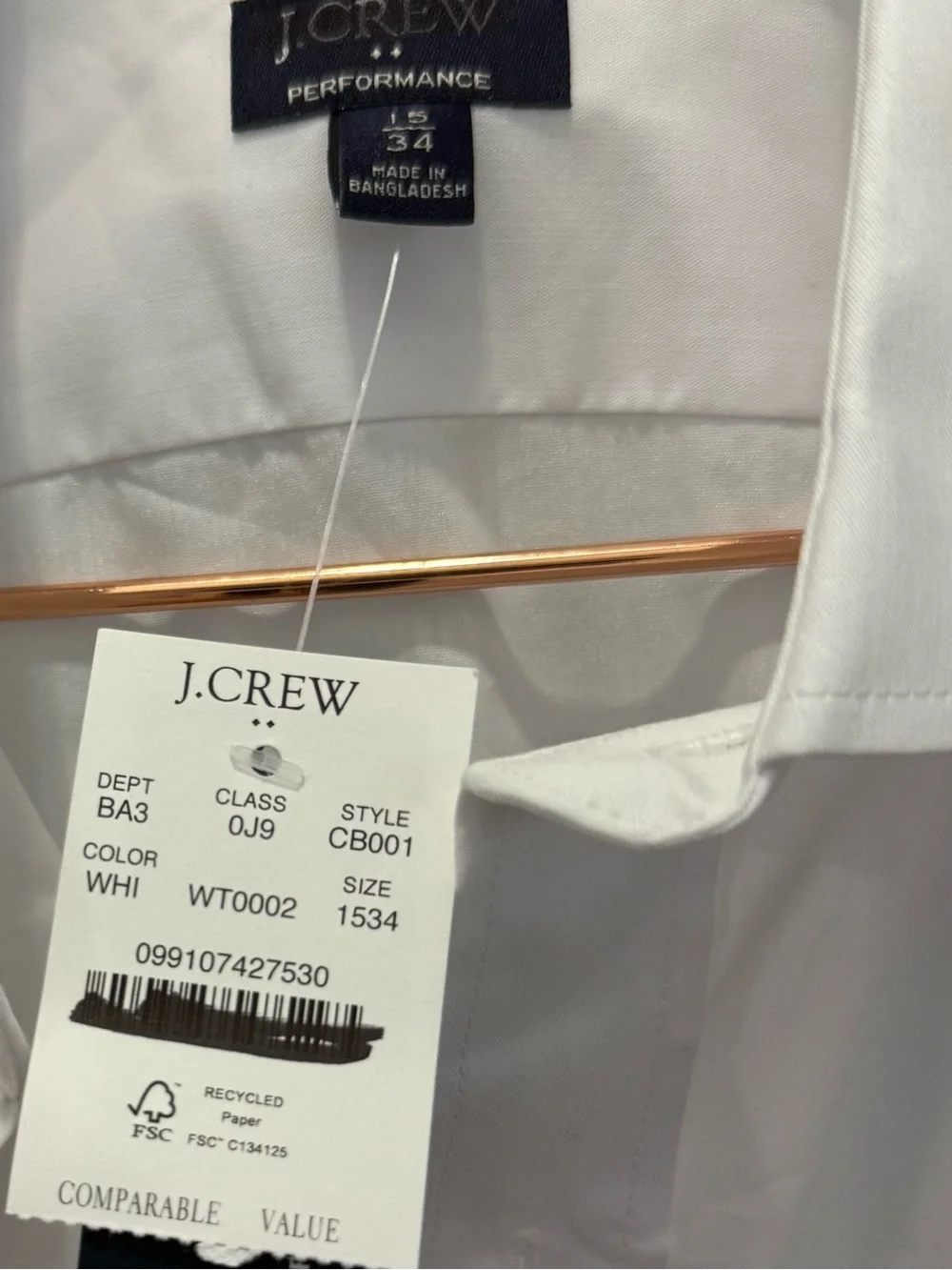 Men’s J. Crew Performance White Long Sleeve Button Down Shirt 15/34 Slim NWT